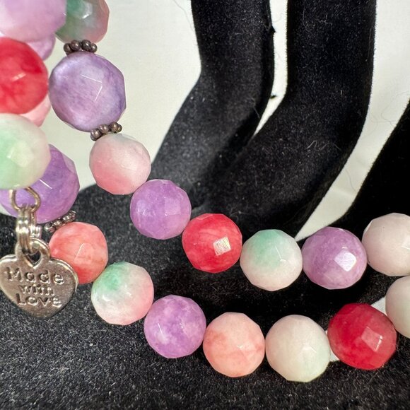 Handmade Candy Jade stones Rosary Wrap Beaded Bracelet With Cross & Heart Charms - Picture 5 of 8